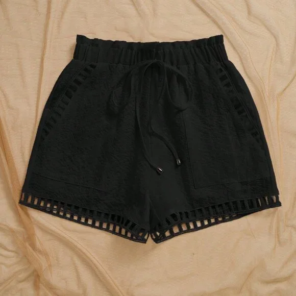Black Casual Women's Paper Bag Waist Shorts